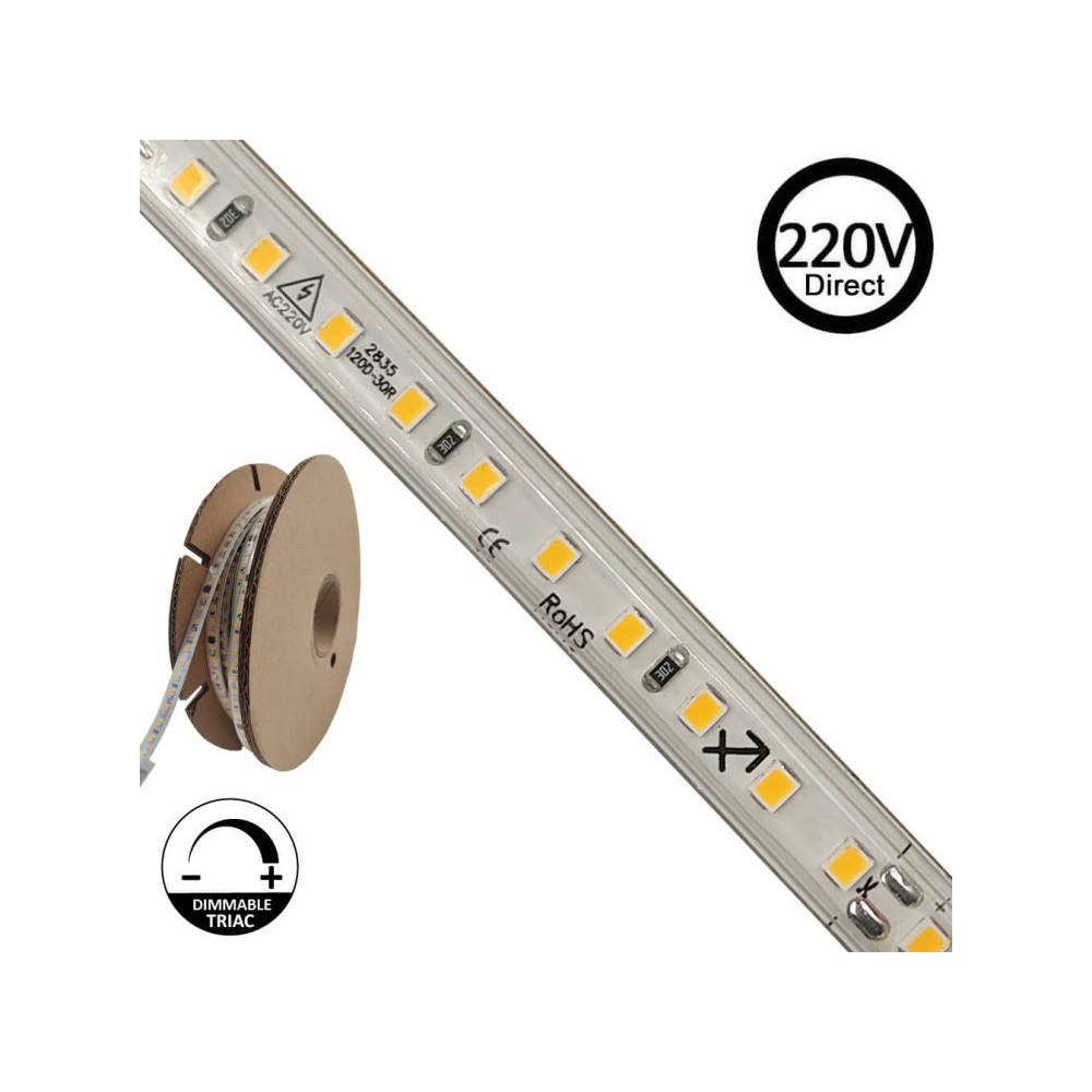 Tira LED 220V | 120xLED/M | 20m | SMD2835 | 1540Lm/M | 14W/M | IP67 | Corte Cada 10cm