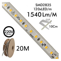 Tira LED 220V | 120xLED/M | 20m | SMD2835 | 1540Lm/M | 14W/M | IP67 | Corte Cada 10cm