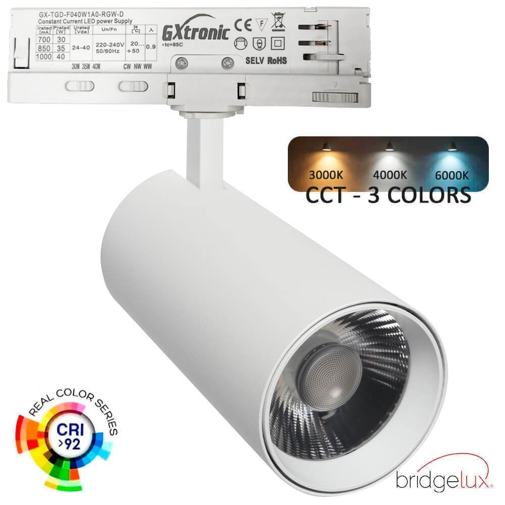 Foco LED 40W a 30W NEW MAYA Blanco Carril TRIFÁSICO Luz Seleccionable CCT