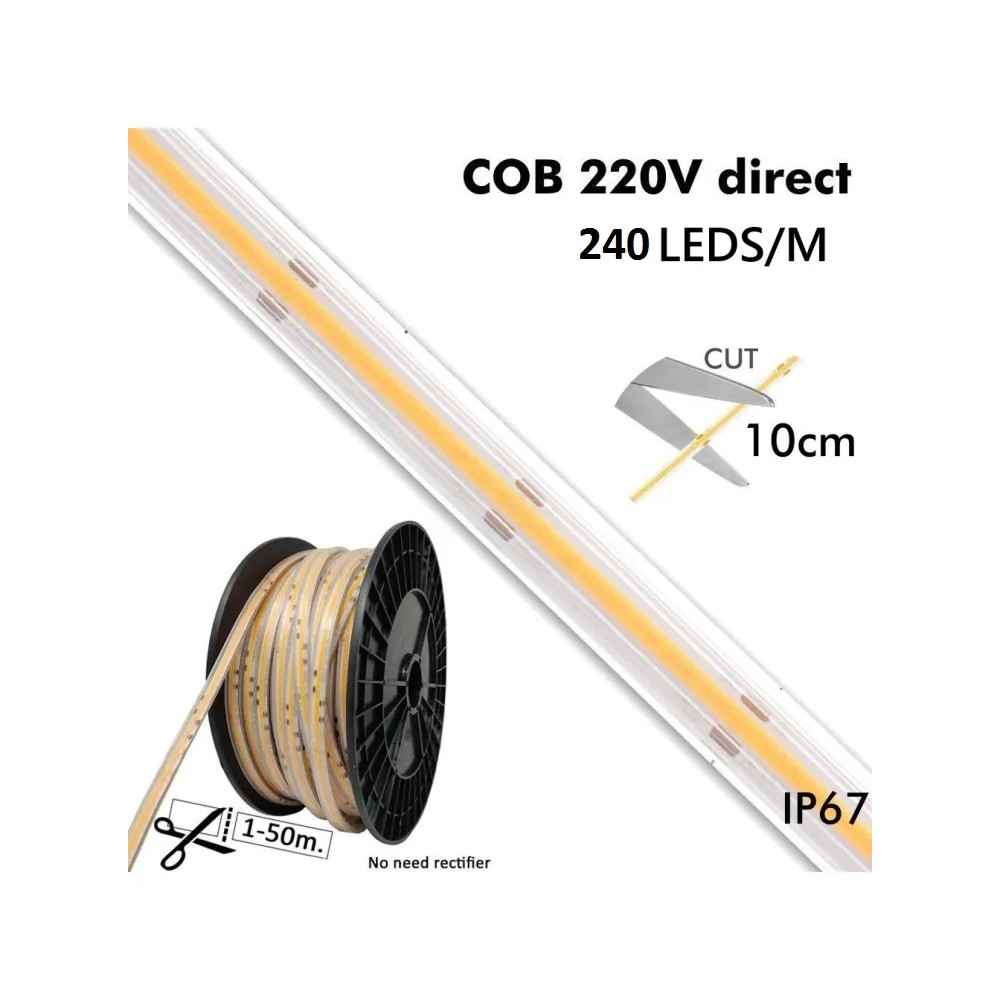 RESERVA ENERO 50 METROS Tira LED COB 220V | 10W/M | 240 LED/M |1200Lm/M| FLIP CHIP | 50m | IP65 | Corte 10cm