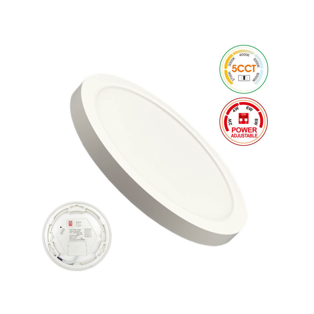 Plafón + Downlight LED - Circular- Blanco - Potencia Ajustable 8W - 6W - 4W - 2W - 5CCT - SMD2835 140Lm/W - IP44