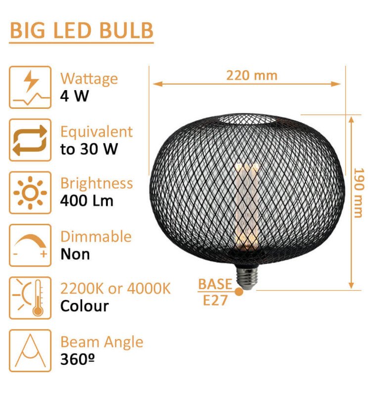 Bombilla LED Metal 4W E27 - Negro - Ø220mm - Detalle 3