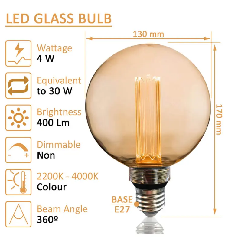 Bombilla LED Modern Cristal Ambar 4w E27 G125 - Vista Detalle #1
