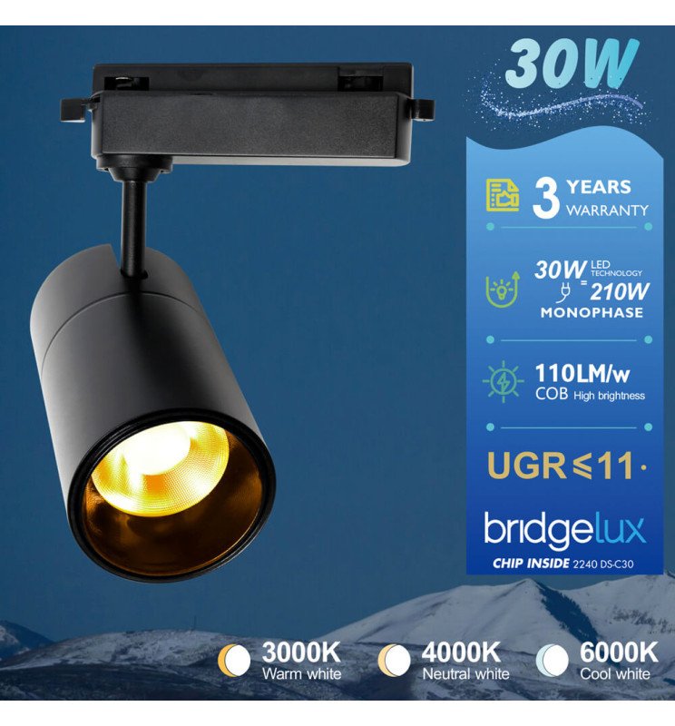 Foco LED 30W PARIS Negro Carril Monofásico | Chip - Detalle 2