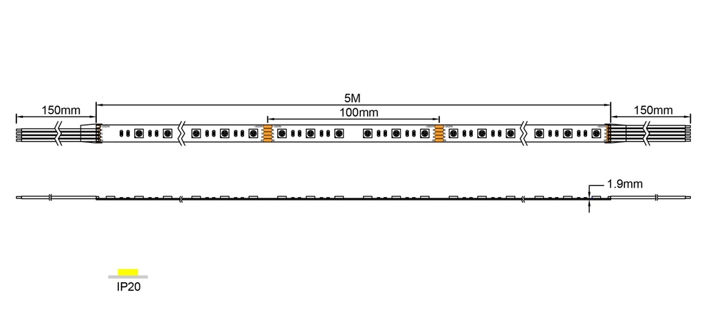 Esquema Técnico y Dimensiones - Tira LED 14W DC 24V RGBW 60 LED IP20