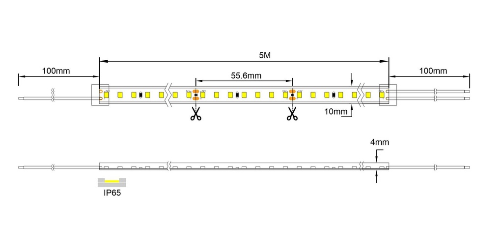 Esquema Técnico y Dimensiones - Tiras LED SMD2835 24V IP65 126Leds/m 5metros
