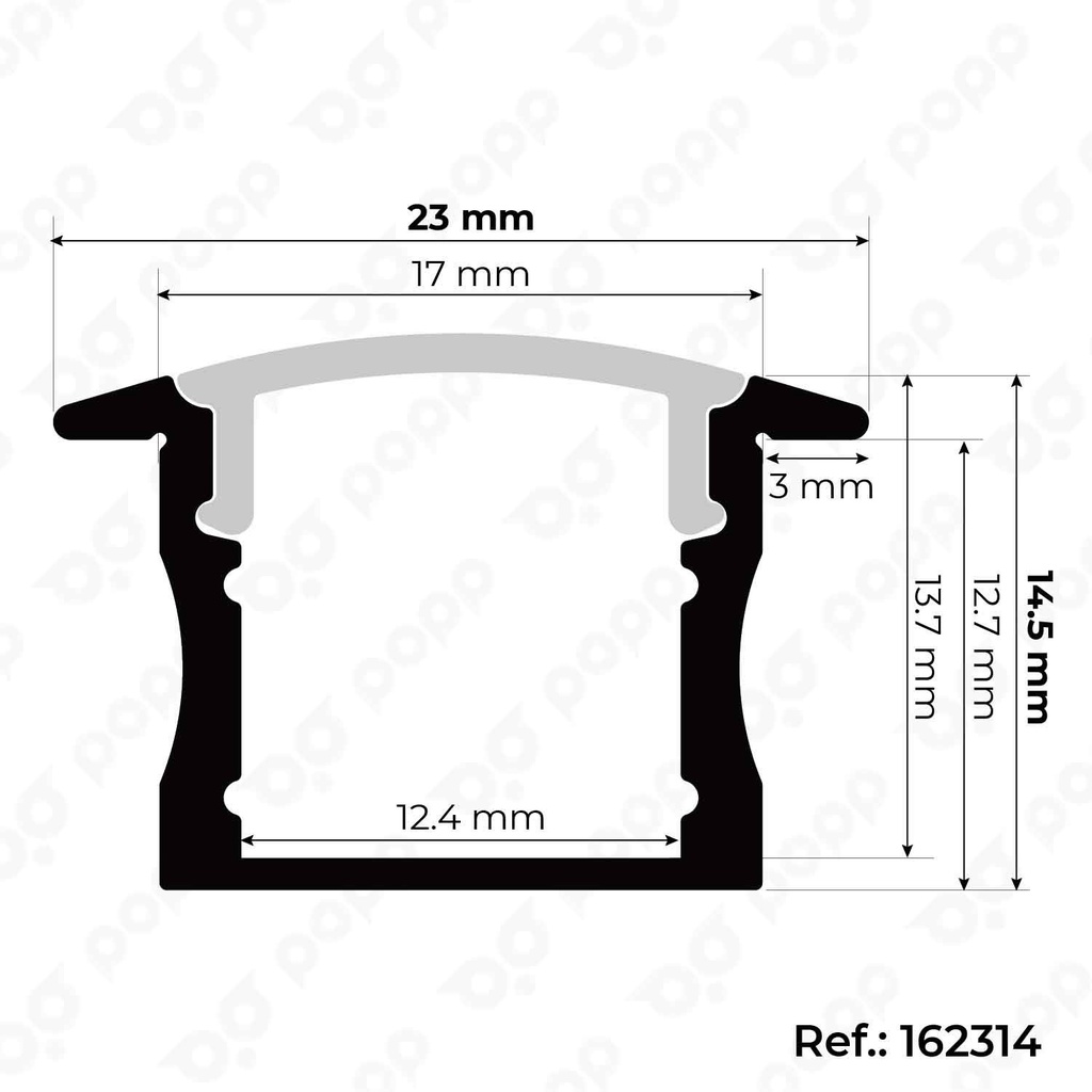 Esquema Técnico y Dimensiones - Perfil de aluminio empotrable con alas de 23x14.5mm