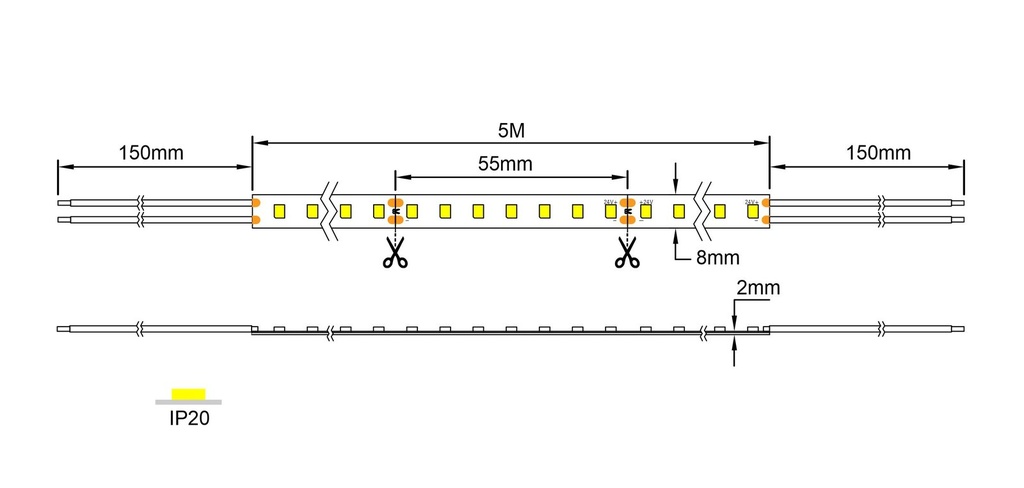 Esquema Técnico y Dimensiones - Tiras LED 12W/m SMD2835 24V 126Leds/m 5metros