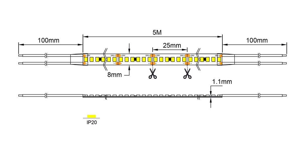 Esquema Técnico y Dimensiones - Tira LED SMD2835 126LED IP65 12W DC 24V