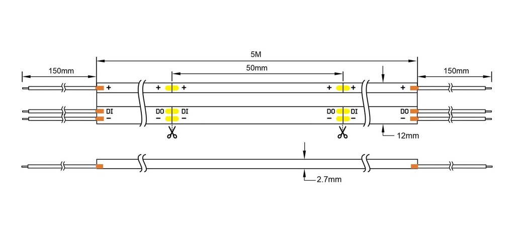 Esquema Técnico y Dimensiones - Tira LED SPI COB 720LEDs/m 12mm 25/50 Cut Unit 50mm DC