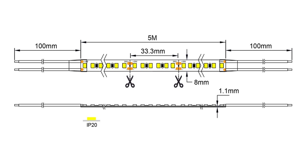 Esquema Técnico y Dimensiones - Tiras LED SMD2835 24V IP20 180Leds/m 5metros