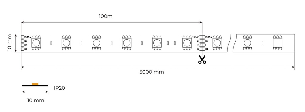 Esquema Técnico y Dimensiones - Tira LED RGB 14W/m SMD5050 DC24V IP20 60LEDS 5metros