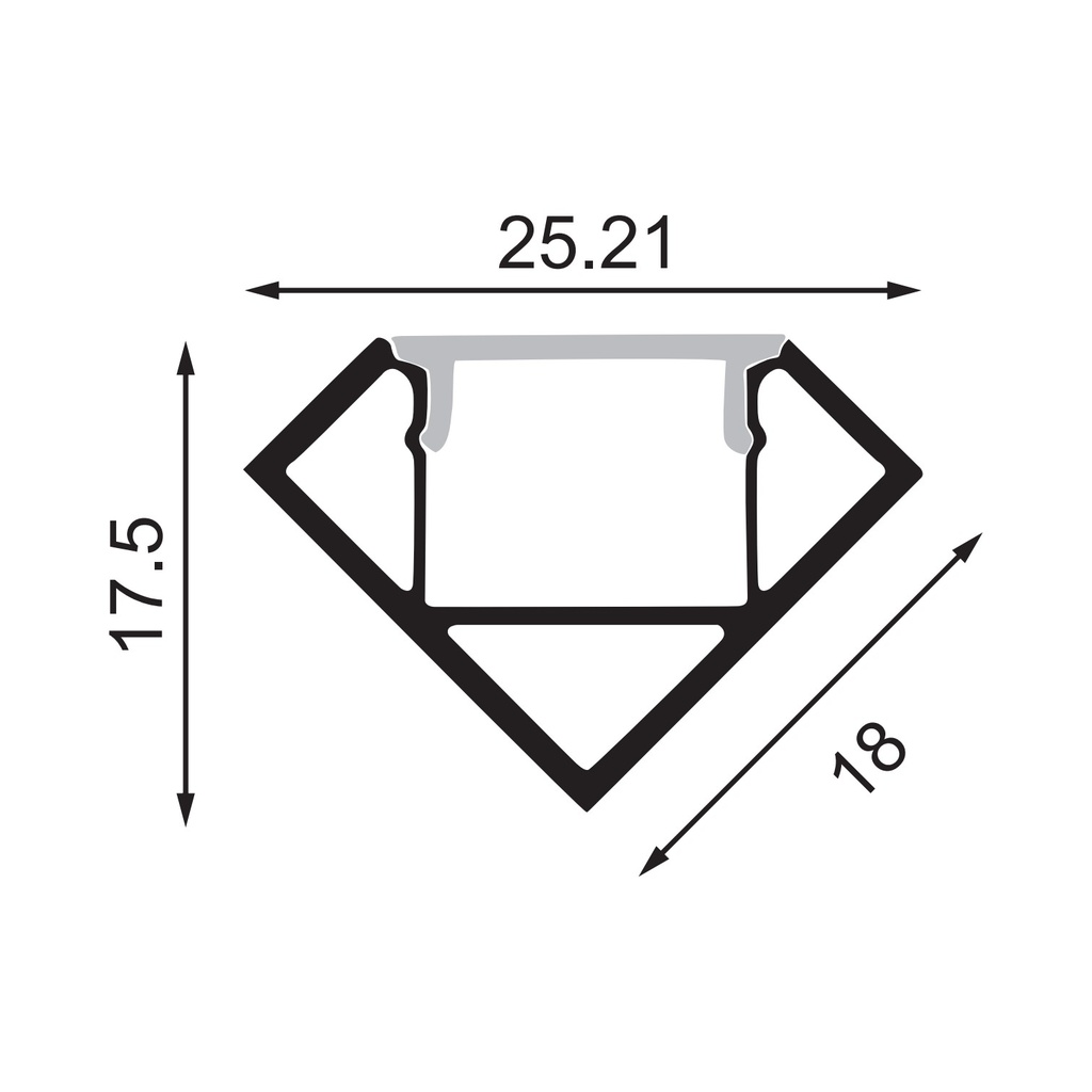 Esquema Técnico y Dimensiones - Perfil LED de esquina con el difusor curvo de 18x18mm