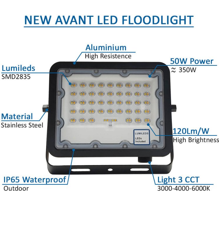 Fl50w-cct - Soporte Orientable 180 Grados - Foco Proyector LED 50W NEW AVANT BLACK - CCT Color