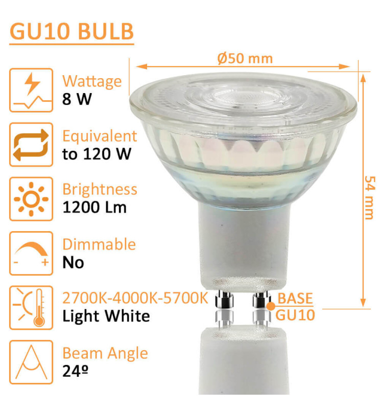 Bombilla Dicroica LED GU10 8W Cristal 24° - Dimensiones Técnicas Ø50x54mm