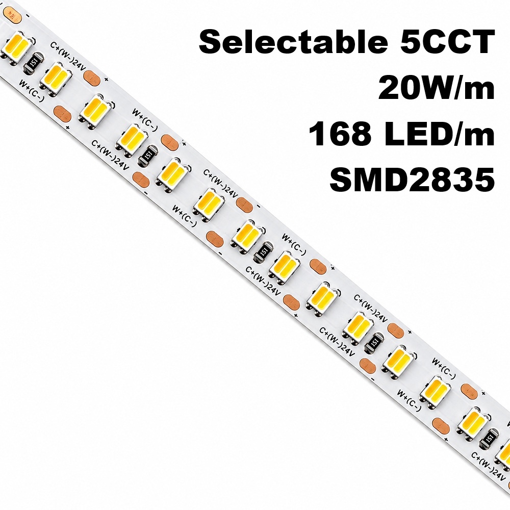 Tira LED 24V 20W/m 5CCT Seleccionable SMD2835 Free Cut | 168 LED/m | Rollo 5 Metros