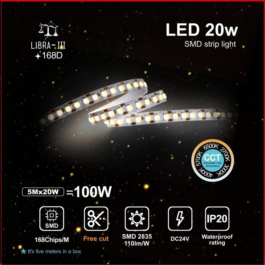 Tira LED 24V 20W/m 5CCT Seleccionable SMD2835 Free Cut | 168 LED/m | Rollo 5 Metros