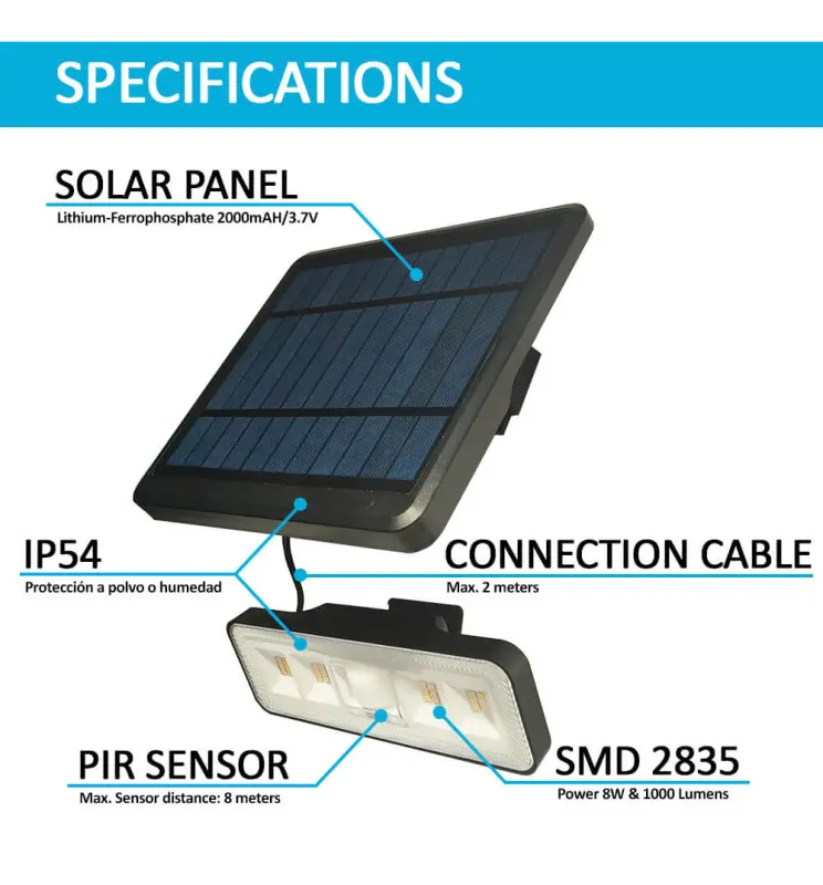 Aplique Solar LED Desmontable 1000lm Sensor de Presencia Pir 4000k - Vista Detalle #1