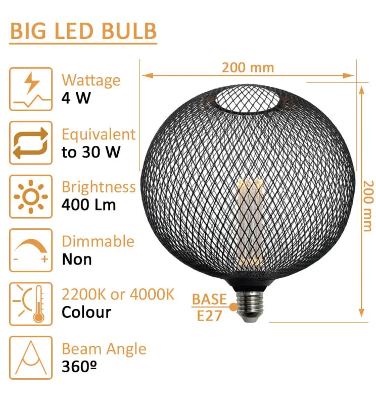 Bombilla LED Modern Metal 4w E27 Negro Big Ø200mm - Vista Detalle #2