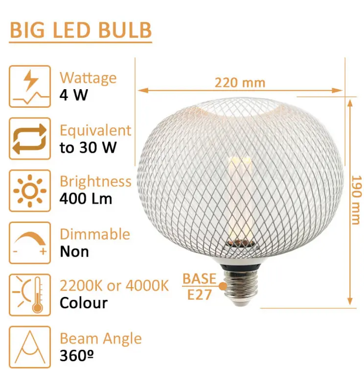 Bombilla LED Modern Metal 4w E27 Blanco Big Ø220mm - Vista Detalle #2