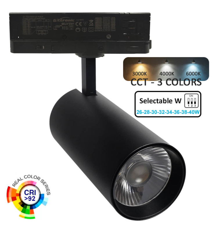 Foco LED 40W 26W NEW MAYA Negro Carril TRIFÁSICO CCT CRI+92 UGR13 HIGH LUMEN
