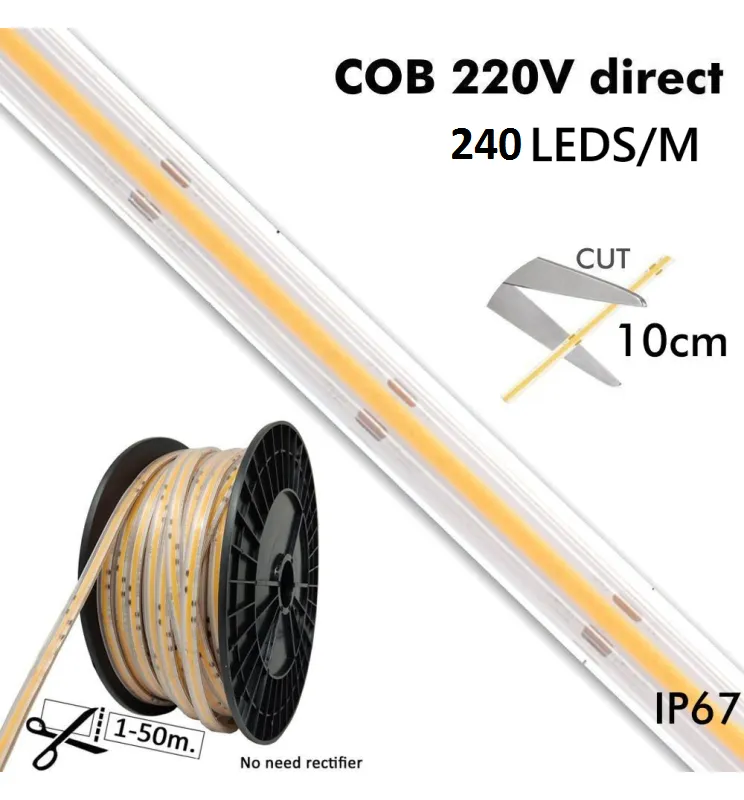 Tira LED COB 220V | 10W/m | 240 LED / M | 1200lm/m | FLIP CHIP | 50m | IP65 | Corte 10cm